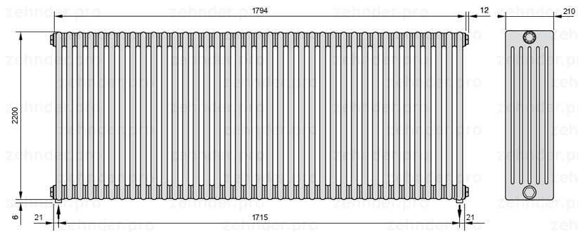 Схема (чертеж) Радиатор Zehnder Charleston 6220/39 №3570 Белый глянцевый RAL 9016